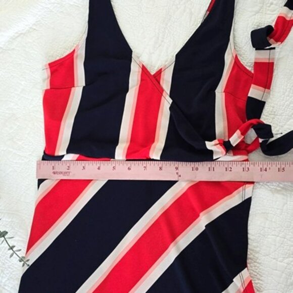 Express Women's Faux Mini Wrap Dress Size Small Navy Blue Red White Sleeveless - Picture 9 of 14